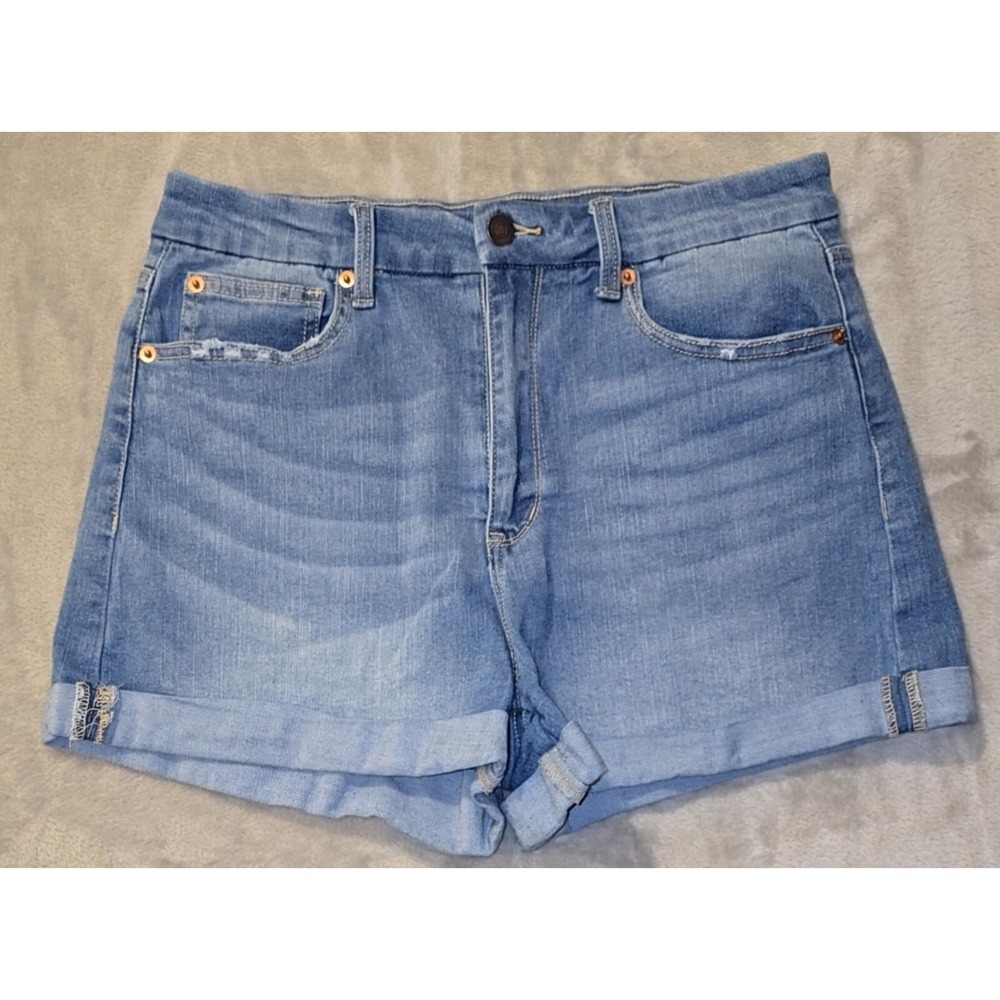 No Boundaries Mom Shorts Women's 13 Blue Cuffed High Rise Stretch‎ Rolled Hem